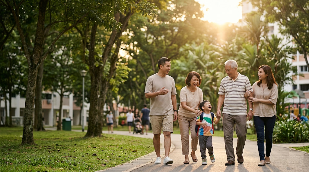 A multi-generational Singaporean family walking together in a neighbourhood park at golden hour