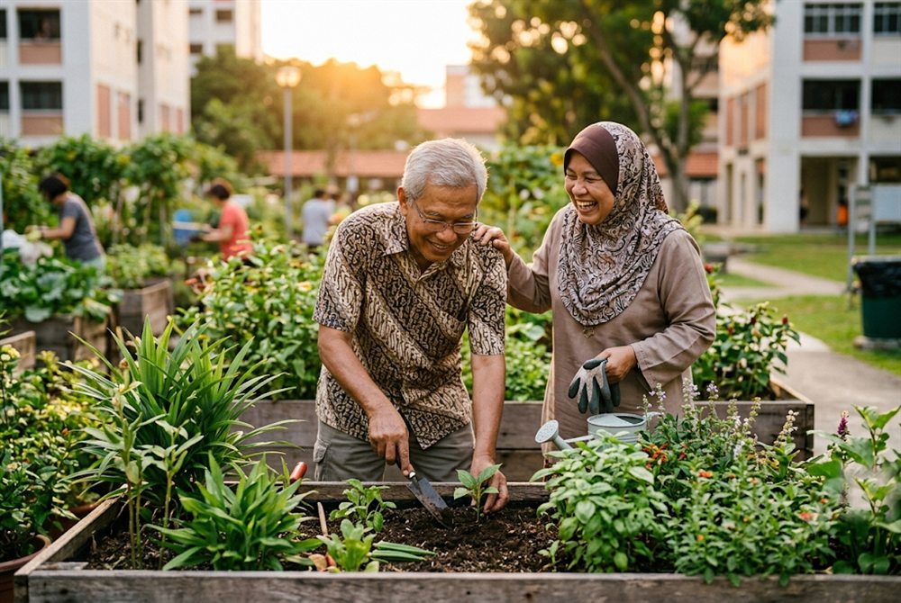 Retiree couple in a community garden